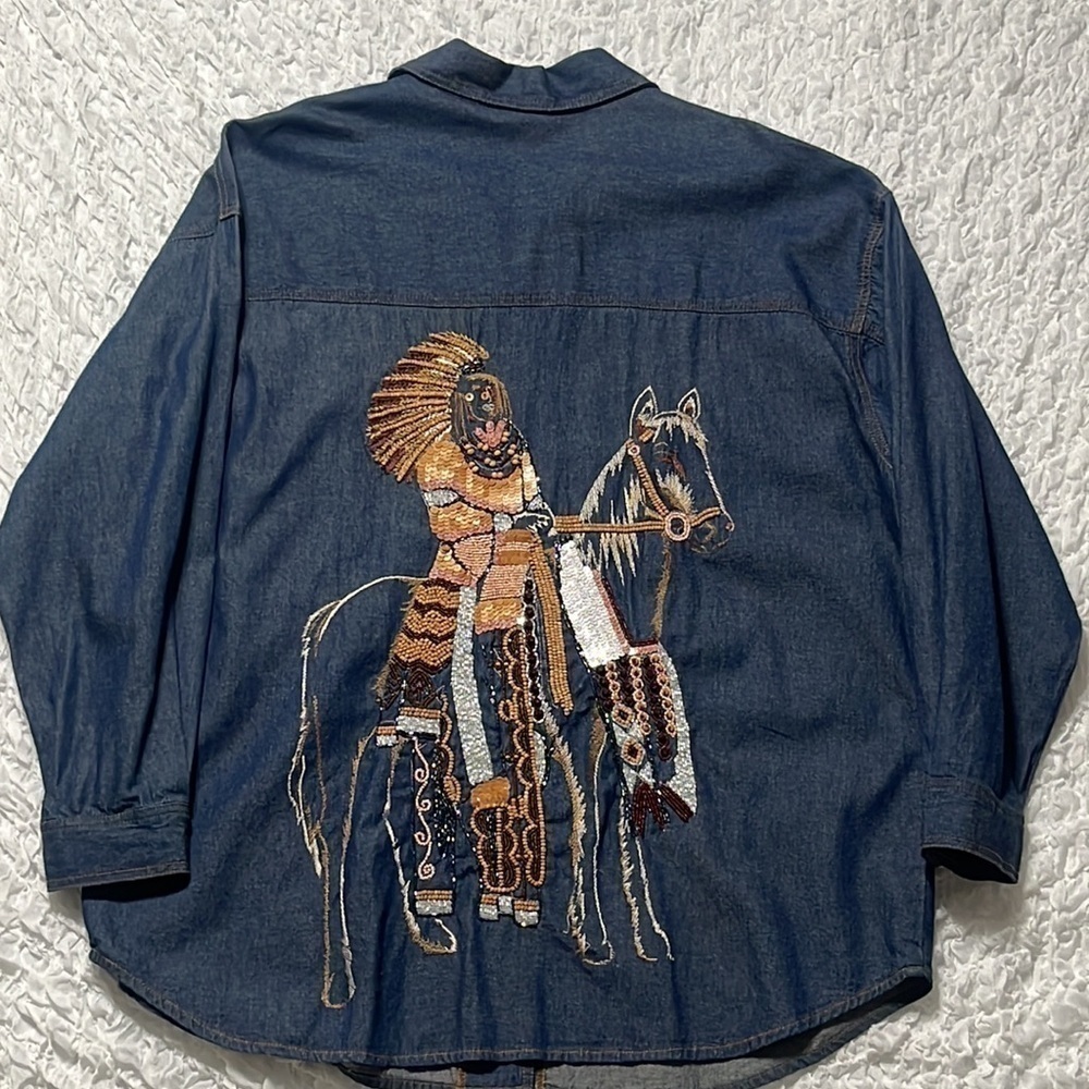 TOGETHER Vintage Denim Native American Indian Embellished Shirt Size 2X